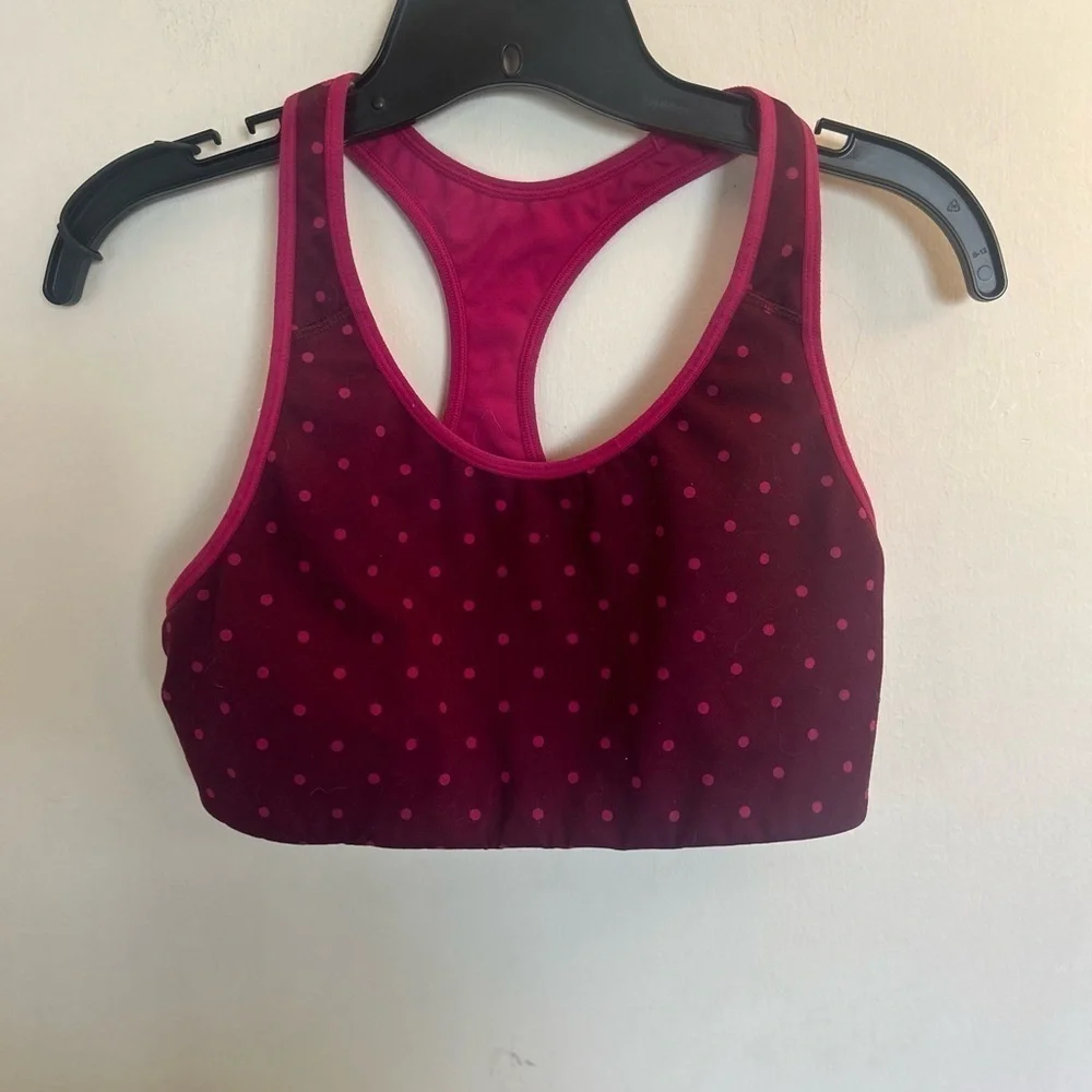 Old Navy active go dry, medium burgundy, pink polkadot, sports bra